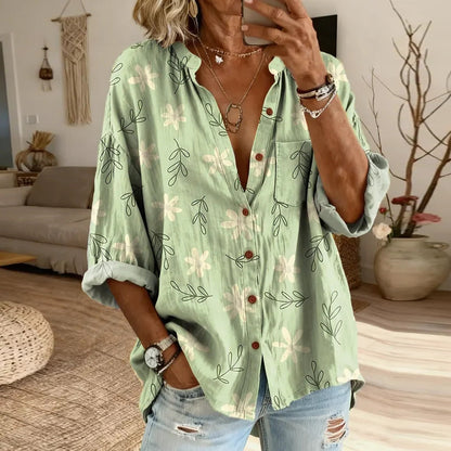 Cardydony Ethnic Bohemia Flowers Light Green Women's Vintage Art Print Casual Cotton And Linen Shirt