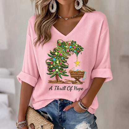Cardydony Women's Festivel Christmas Tree A Thrill Of Hope Print Three-quarter Sleeve V Neck T-shirt