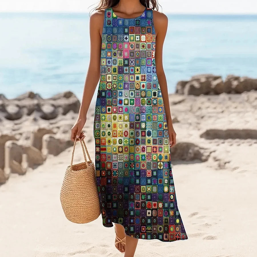 Cardydony Women's Geometric Art Print Round Neck Linen Blend Tank Midi Dress