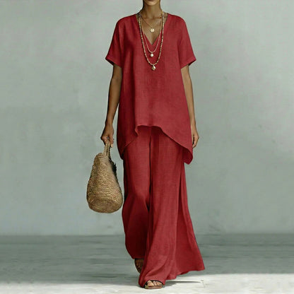 Cardydony Linen V-neck Short-sleeved Loose Top And Wide-leg Pants Two-piece Set