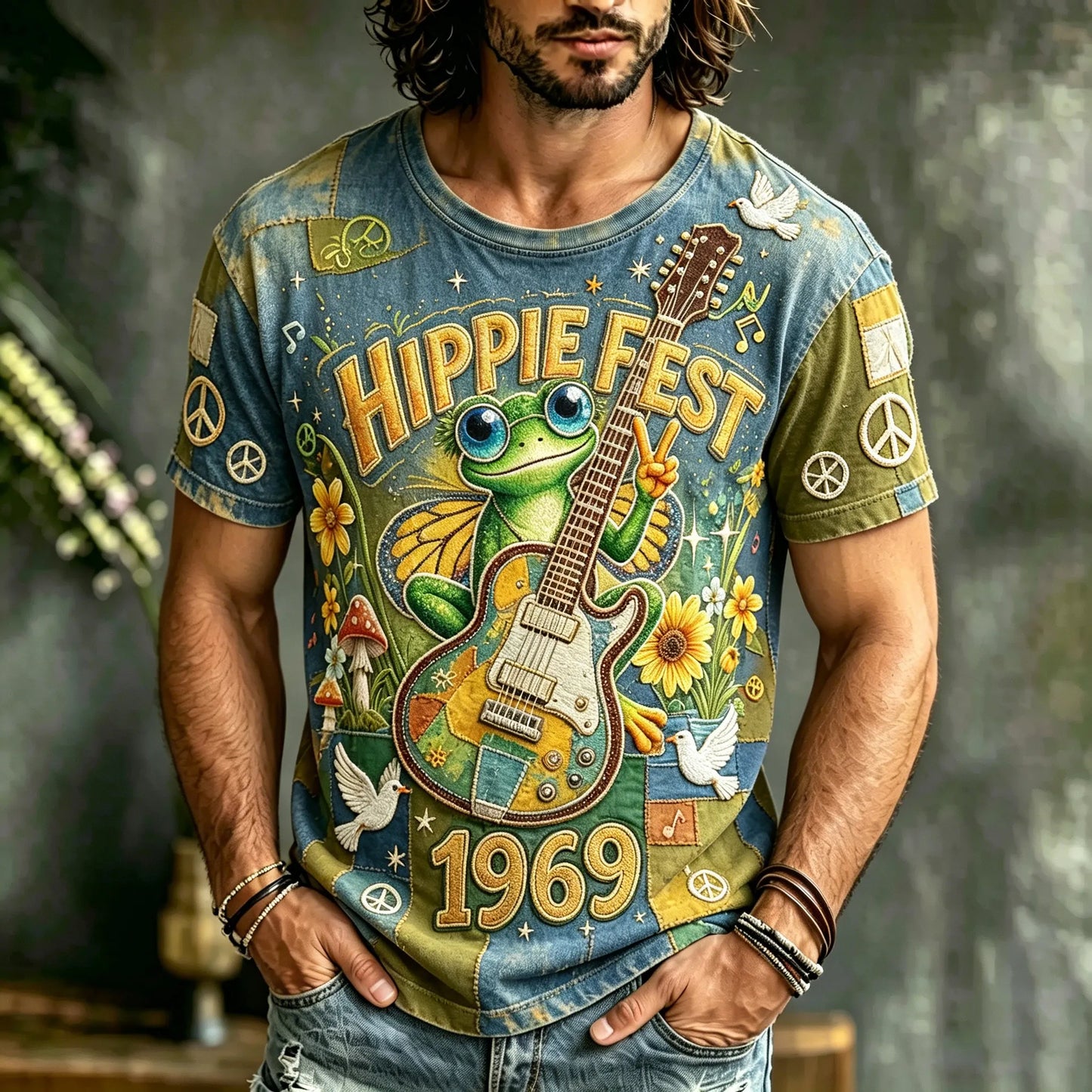 Cardydony Men's Retro Hippie Peace Symbol Frog Guitar Patchwork Print T-shirt