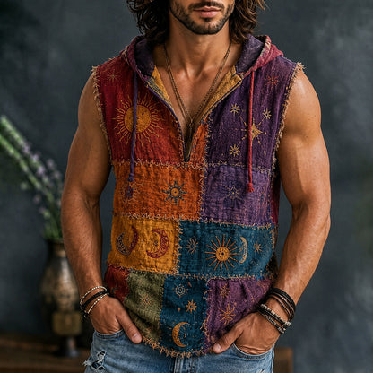 Cardydony Men's Hippie Floral Sun Moon Patchwork Print Cotton Linen Hooded Tank Top