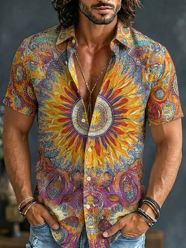 Cardydony Men's Hippie Sunflower Print Retro Tie-dye Short Sleeve Shirt