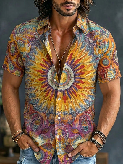 Cardydony Men's Hippie Sunflower Print Retro Tie-dye Short Sleeve Shirt