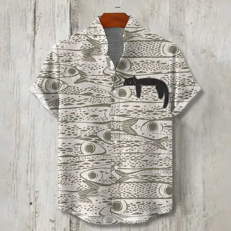 Cardydony Men's Schools Of Fish With Lazy Black Cat Japanese Art Print Button Casaul Shirt