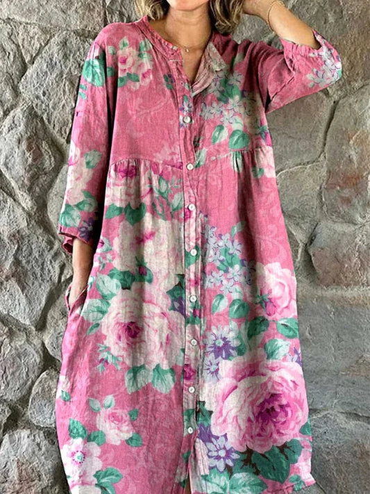 Cardydony Women's Rose Floral Print Elegant Simple Shirt Cotton And Linen Dress
