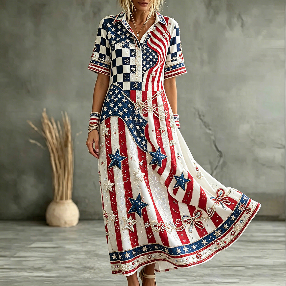 Cardydony "vintage American Flag Checkerboard Patriotic Star Stripes Rhinestone Flowy Midi Dress"