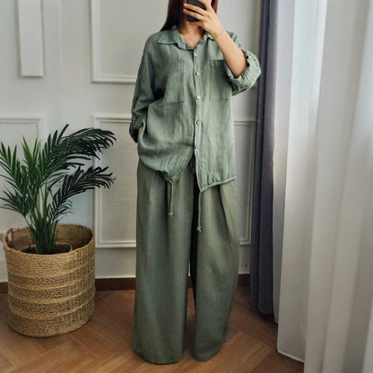 Cardydony Casual Loose Linen Solid Color Shirt Wide-leg Pants Two-piece Set