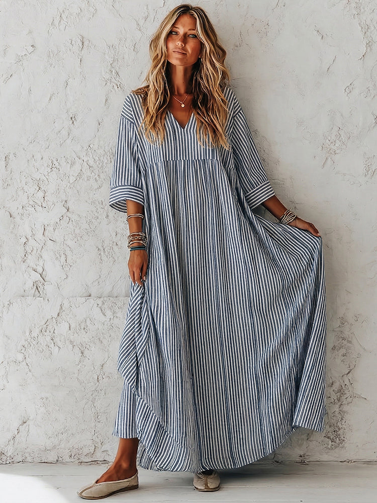 Cardydony Women's Retro Stripes Print Elegant Linen Dress