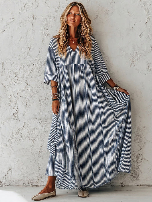 Cardydony Women's Retro Stripes Print Elegant Linen Dress