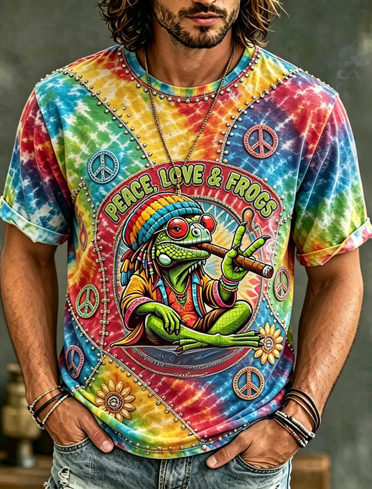 Comstylish Men's Vintage Hippie Floral And Frog In Patchwork Pattern Art Embroidered T-shirt