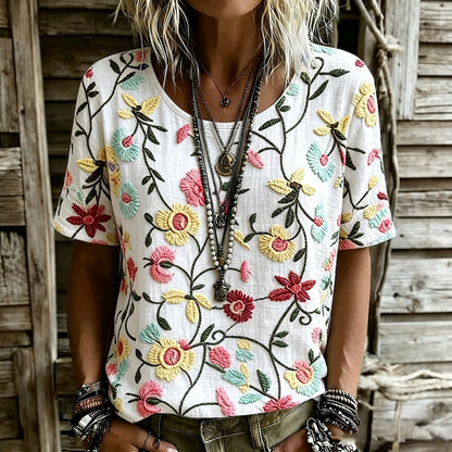 Cardydony Women's Vintage Floral Design Linen Casual T-shirt