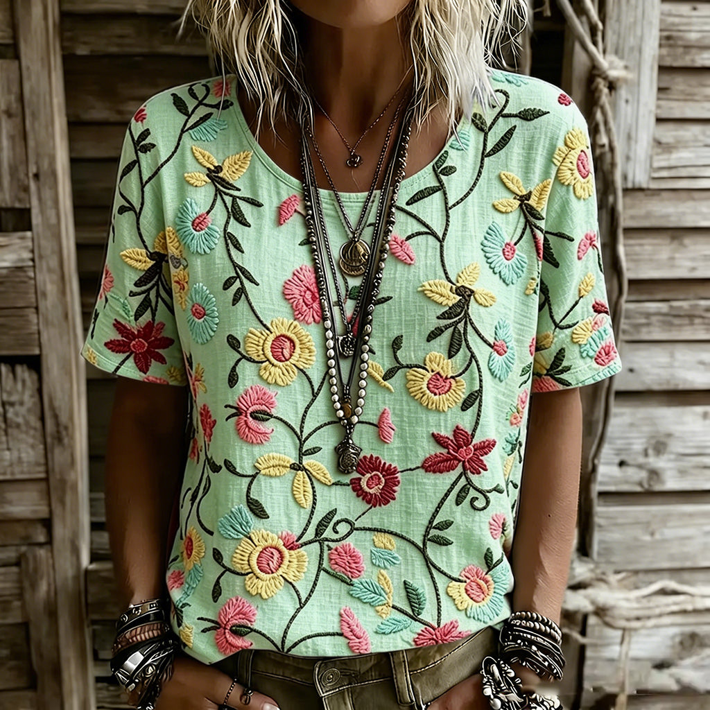 Cardydony Women's Vintage Floral Design Linen Casual T-shirt