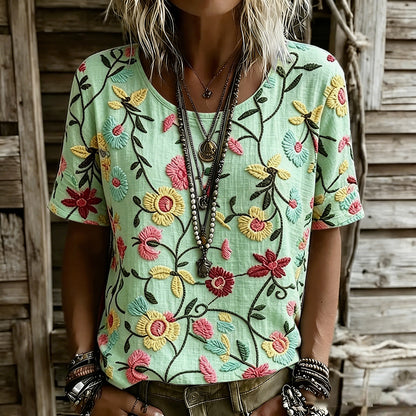 Cardydony Women's Vintage Floral Design Linen Casual T-shirt