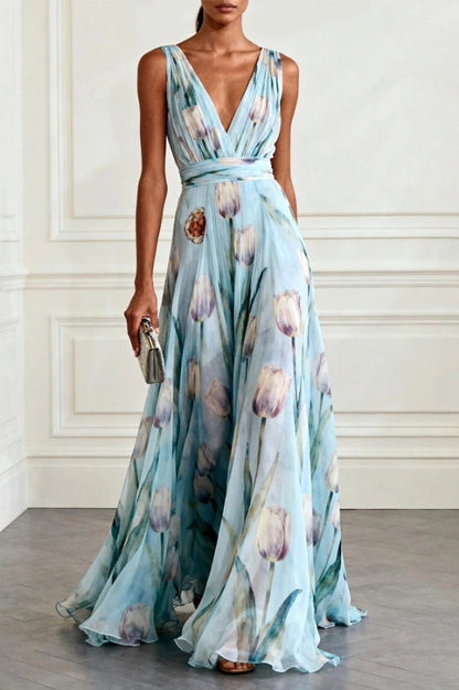 Cardydony Women's  Tulip Print V-Neck Sleeveless Elegant Waist-Defining Maxi Dress