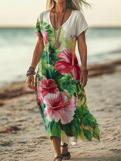 Cardydony Women's Vintage Hibiscus-print Casual Short-sleeve Dress