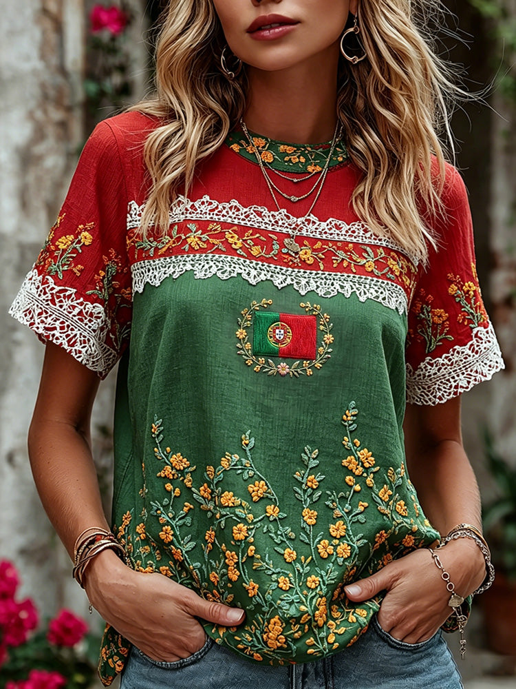 Cardydony Women's Retro Floral Embroidered Patchwork Art Crew Neck Short Sleeve T-shirt