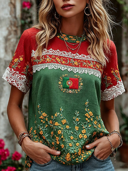 Cardydony Women's Retro Floral Embroidered Patchwork Art Crew Neck Short Sleeve T-shirt