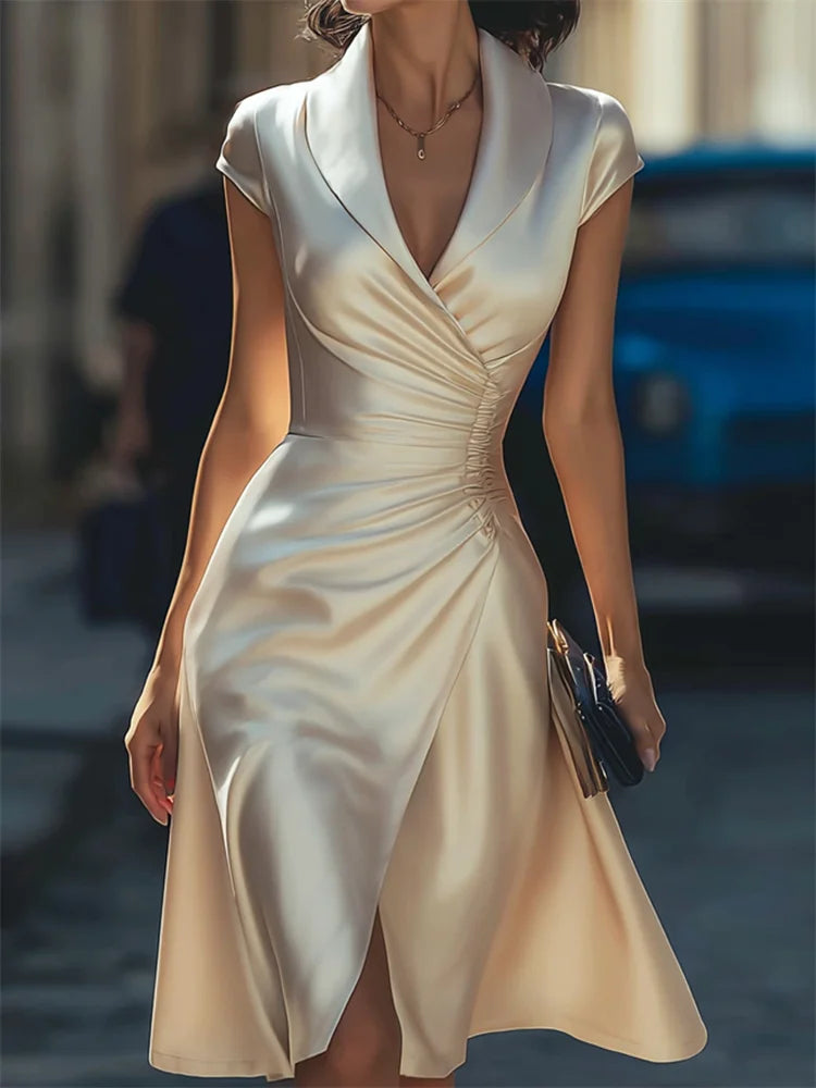 Cardydony Classy Side Pinched Slit Flowy Satin Midi Dress