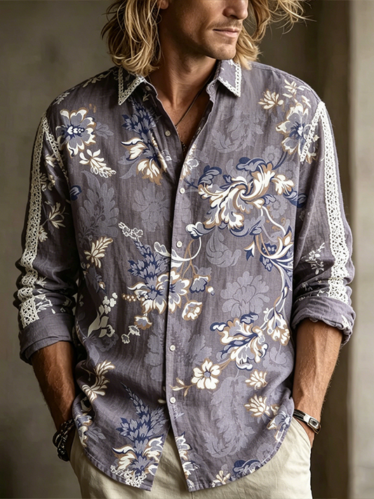 Cardydony Men's Retro Plant Flower Embroidery Pattern Design Casual Linen Shirt