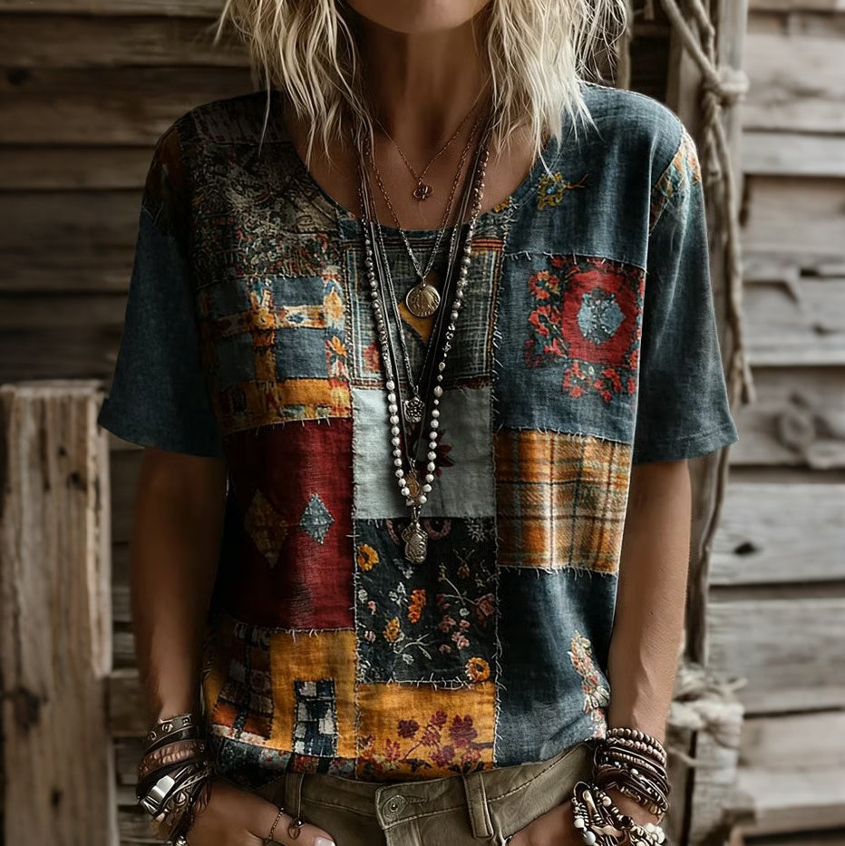 Cardydony Women's Vintage Tribal Floral Pattern Short Sleeved T-shirt