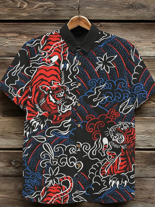 Cardydony Vintage Japanese Tiger Art Pattern Linen Shirt