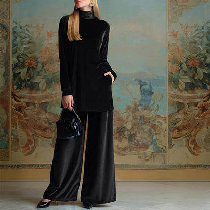 Cardydony Classy Velvet Turtleneck Slit Top & Wide Leg Pants Set