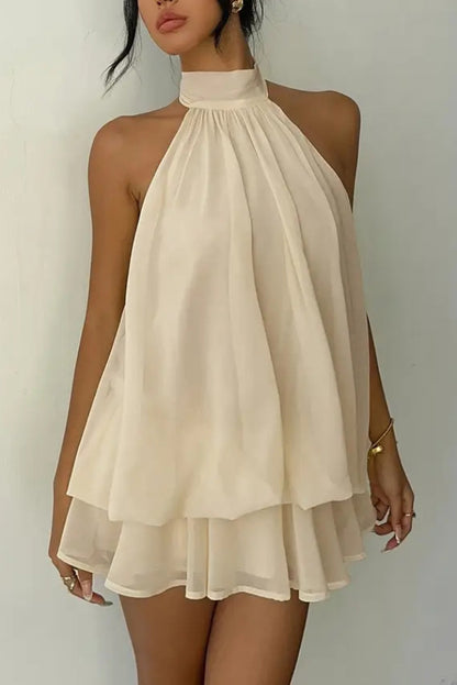 Cardydony Women's  Fashionable Chiffon Halter Neck Backless Lace-up Casual Vacation Mini Dress