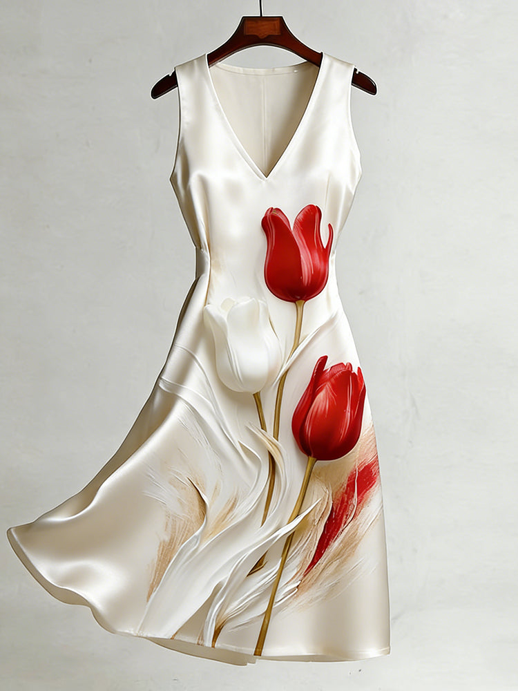 Cardydony Women's Retro Tulip Oil Painting-style Smooth Dress