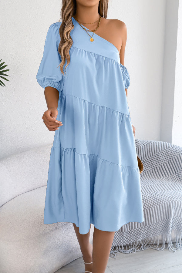 Cardydony Women's Solid Color Loose Slash Neck Short-sleeved Casual Midi Dress