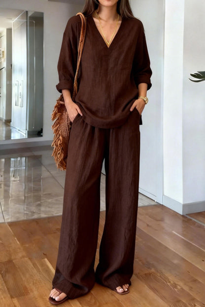 Cardydony Women's Linen Blend V-neck Long-sleeved Loose Top and Elastic Waist Casual Pocket Pants Set