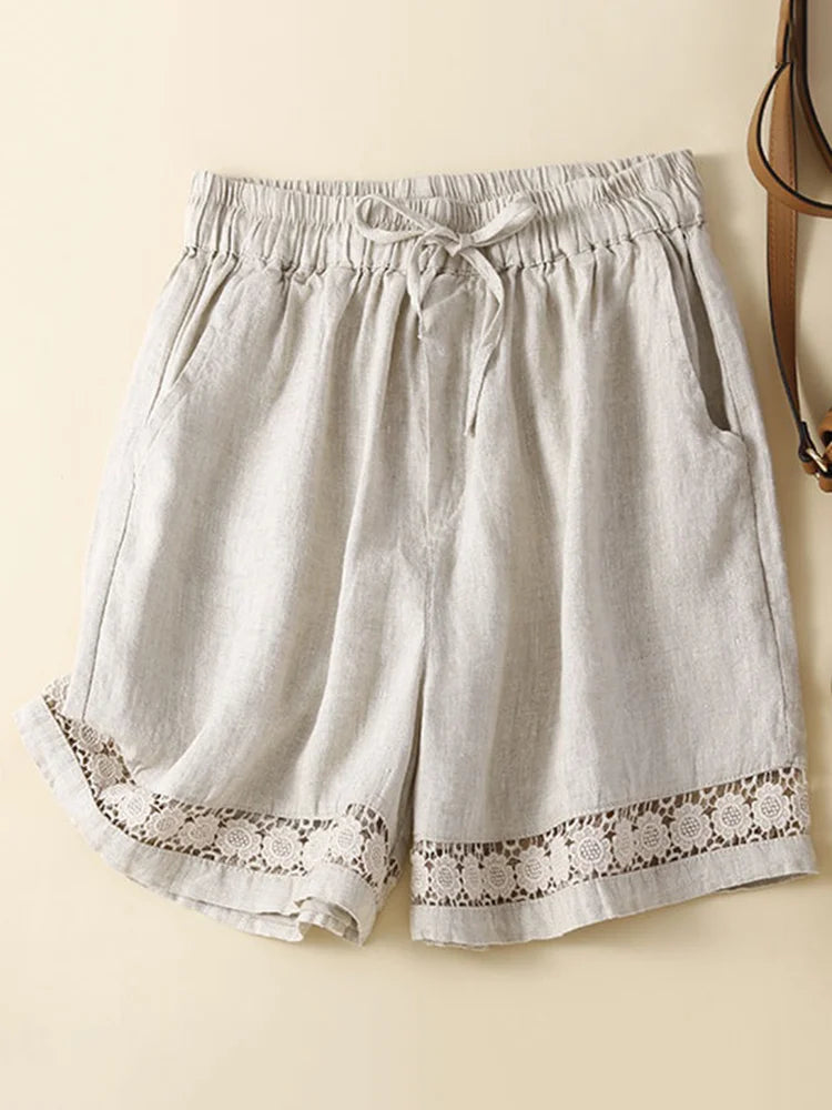 Cardydony Women's Retro Solid Color Lace Elastic Waist Cotton And Linen Shorts