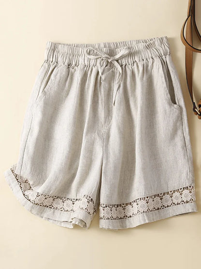 Cardydony Women's Retro Solid Color Lace Elastic Waist Cotton And Linen Shorts