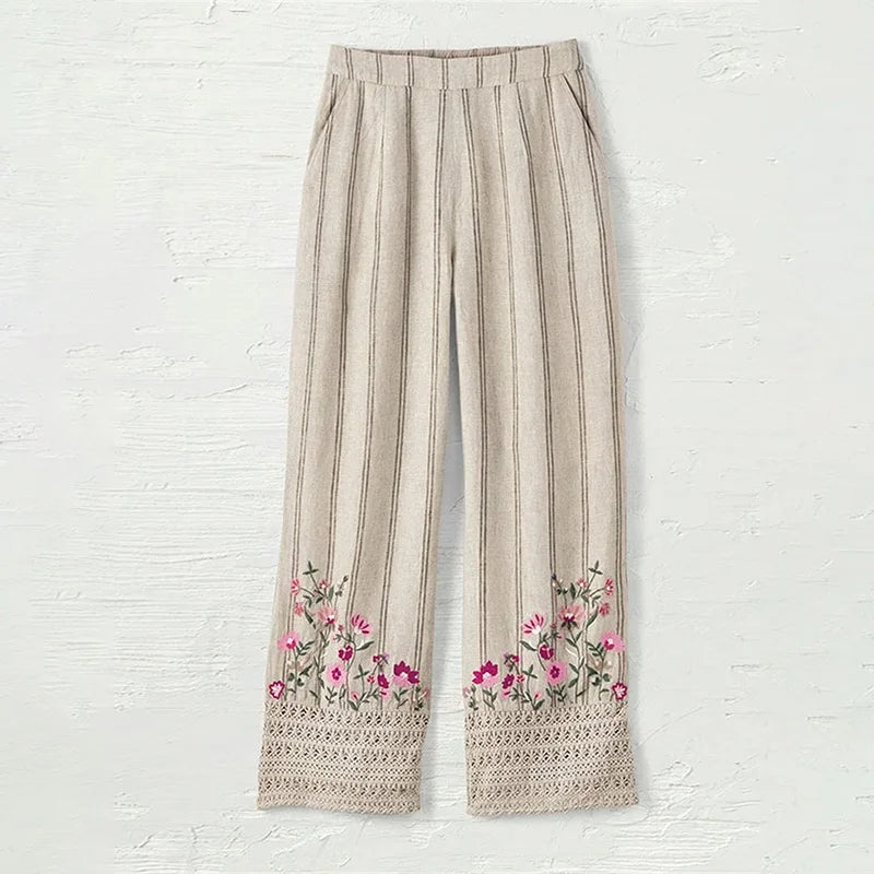 Cardydony Women's Retro Stripe Stitching Lace Embroidery Casual Pants