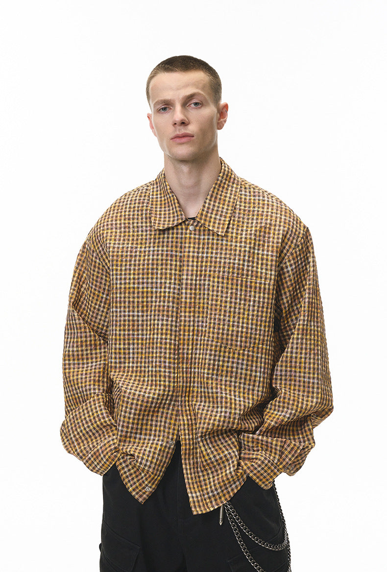 Cardydony Women's Plaid Shirt Oversized Button Up Seersucker Texture Curved Hem – Women's Layer