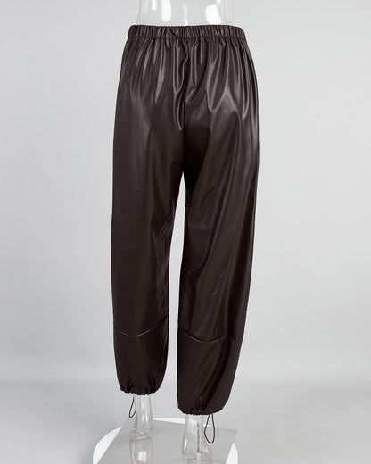 Cardydony Women's PU Leather Women's Pants – Wide Leg Streetwear Drawstring Trousers