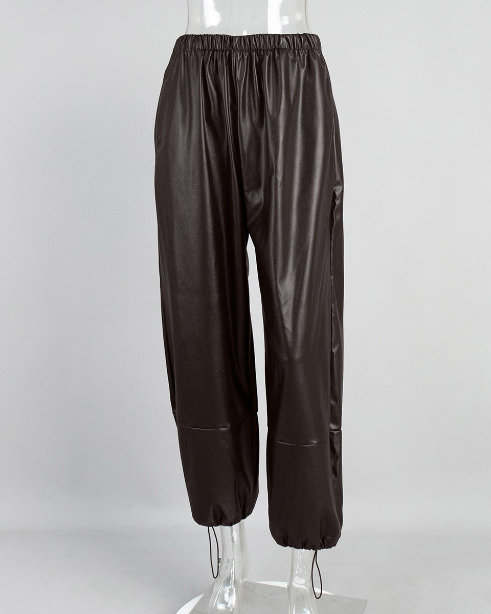 Cardydony Women's PU Leather Women's Pants – Wide Leg Streetwear Drawstring Trousers