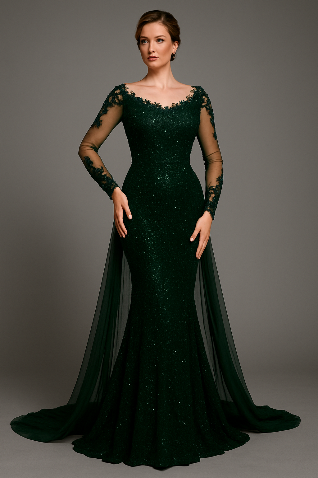 Cardydony Women's Sequin Long Sleeve Mermaid Dress with Sheer Overlay & V Back – Formal Gown