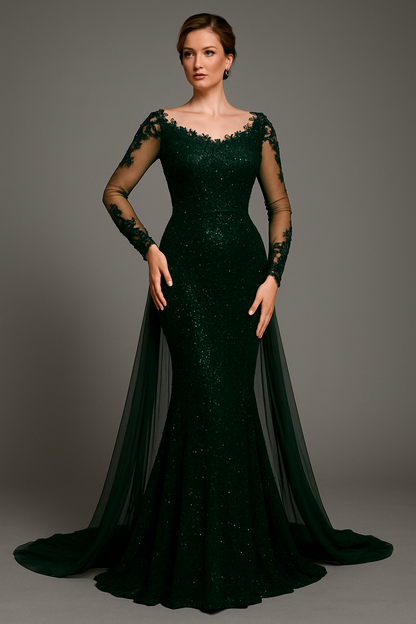 Cardydony Women's Sequin Long Sleeve Mermaid Dress with Sheer Overlay & V Back – Formal Gown