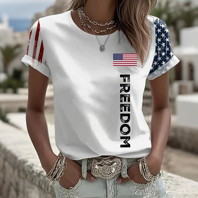 Cardydony Women's Casual American 250th Anniversary Patriotic Print Round Neck T Shirt