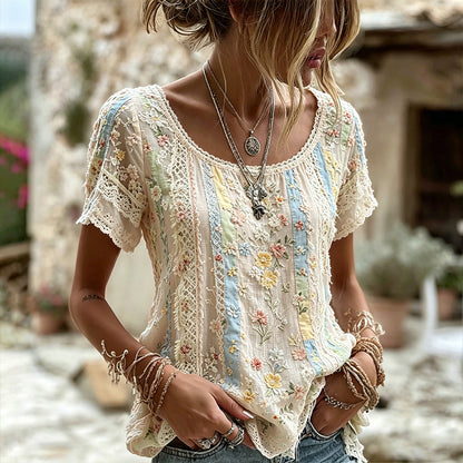 Cardydony Women's Handmade Floral Embroidery And Lace Art Splicing Lightweight Cotton Linen Round Neck Short Sleeve Top