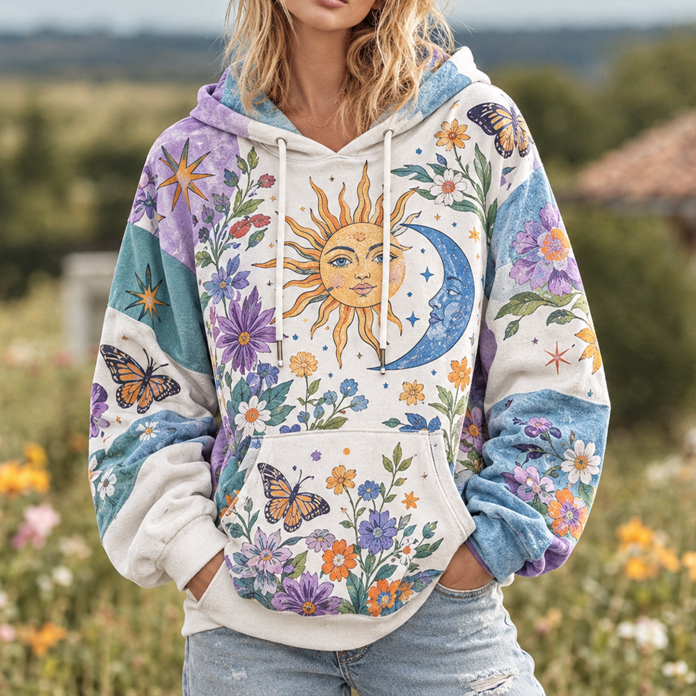 Cardydony Women's Patchwork Sun, Moon, Star, Butterfly & Floral Print Hoodie