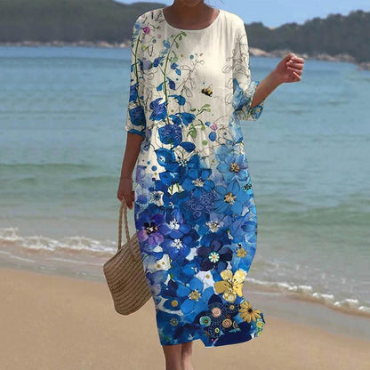 Cardydony Women's Retro Bees And Floral Art Pattern Linen Blend Loose Three-quarter Sleeve Dress