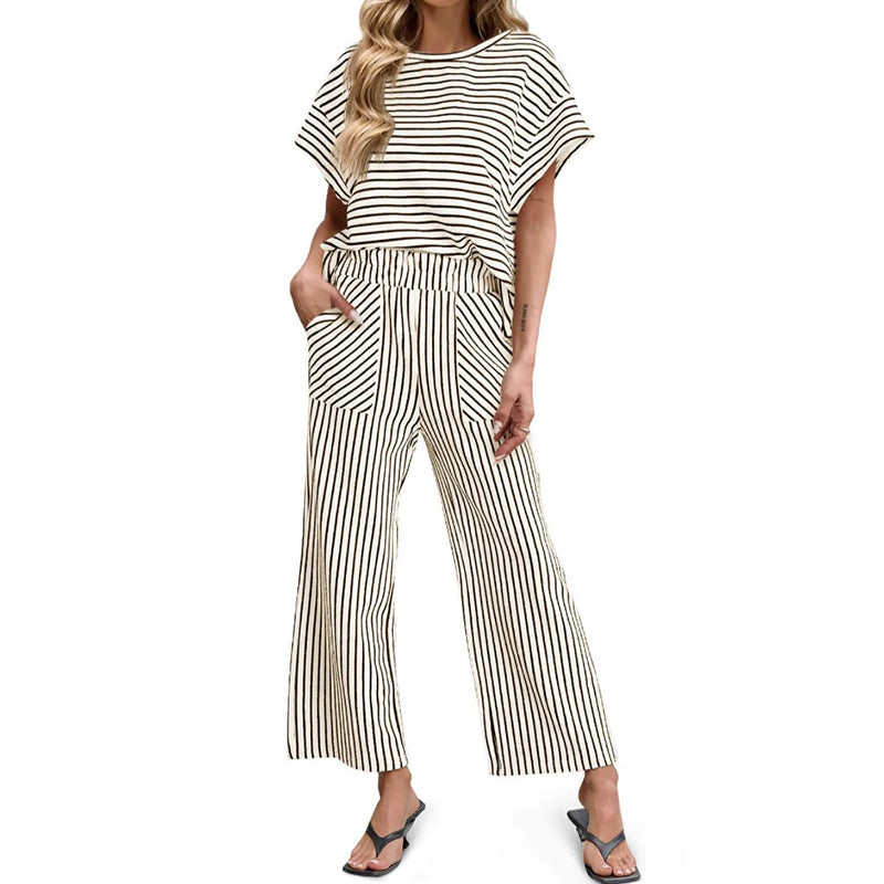Cardydony Striped Short Sleeve T-shirts Wide Leg Pants Two Piece Set