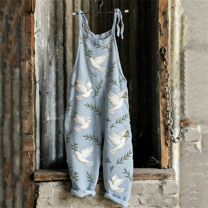 Cardydony Peace Dove Pattern Simple Linen Jumpsuit