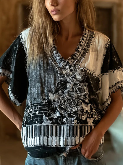 Cardydony Women's Music And Black And White Floral Art Patchwork Cotton Linen Casual V-neck Short-sleeved Top