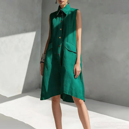Cardydony Casual Loose-fit Linen Sleeveless Shirt Dress