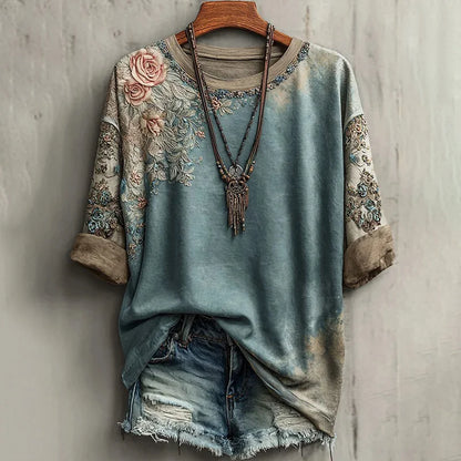 Cardydony Women's Retro Bohemian Floral Casual T-shirt