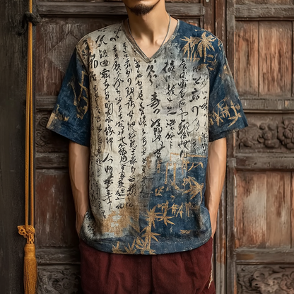 Cardydony Japanese Art Retro Line Art Linen Casual Short-sleeve T-shirt