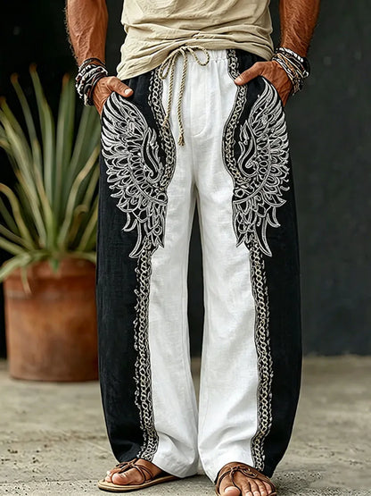 Cardydony Men's Vintage Spring Summer Viking Tribal Jacquard Wings And Floral Inspired Art Flowy Linen Blend Pants